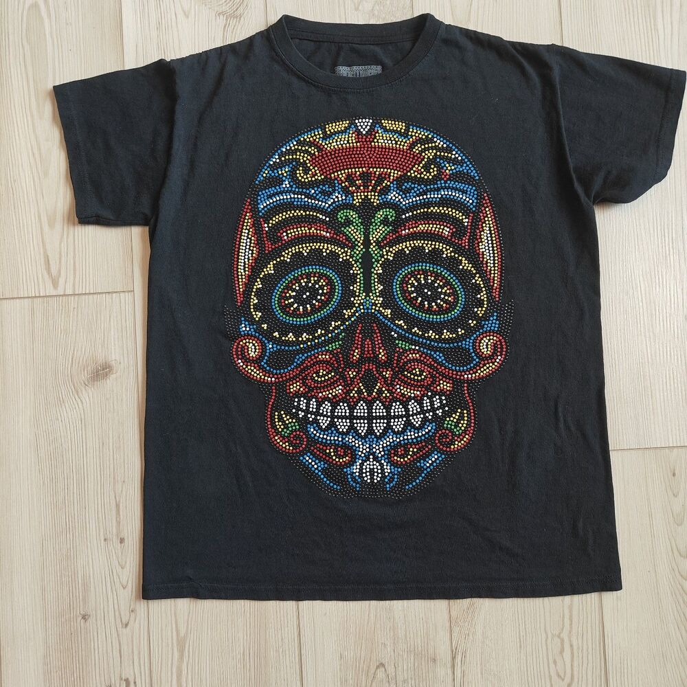 Men’s Black Sugar Skull T-Shirt Colorful Dia De Los Muertos Day of the Dead Sz L